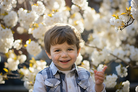 春季樱花树下玩耍的男孩图片