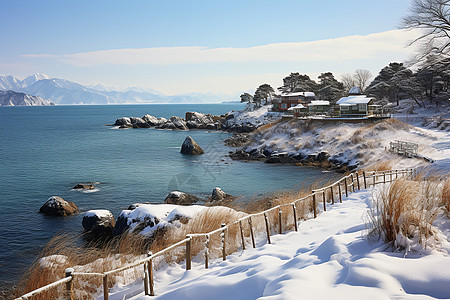 大雪覆盖的海边公园图片
