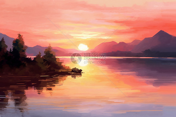 宁静与和平：日出中的湖泊与山脉图片
