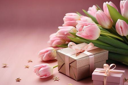郁金香花束旁的礼盒图片