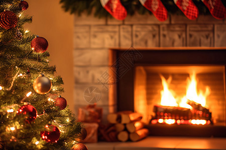圣诞树旁的壁炉图片
