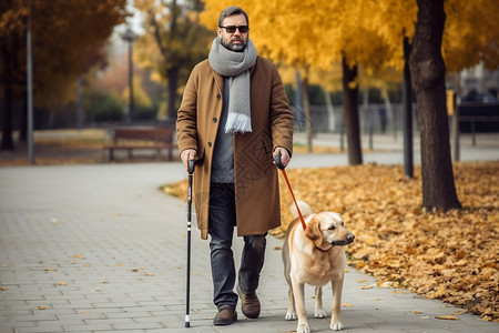 男人带着导盲犬散步图片