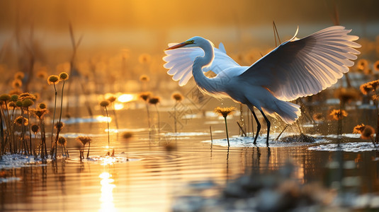 落日湿地里的飞鸟图片