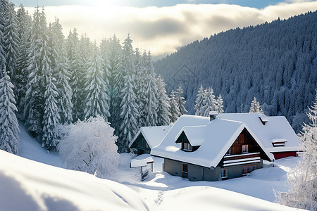 冬季山林中的木屋图片