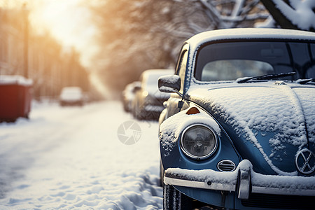 雪后停靠在路边的汽车图片