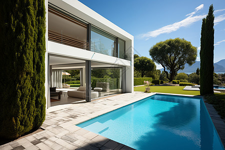 现代豪华别墅的泳池后院图片