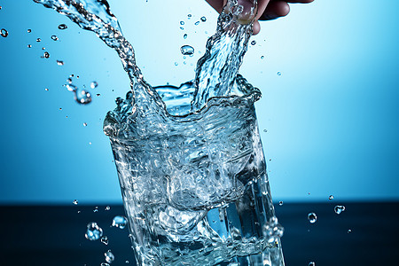 饮用水玻璃杯中飞溅的水花设计图片