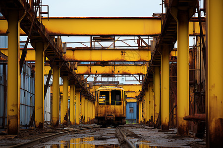 停靠在老旧工厂运输铁路站的火车图片
