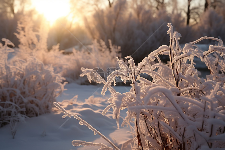 冬日晨曦下的雪地森林图片