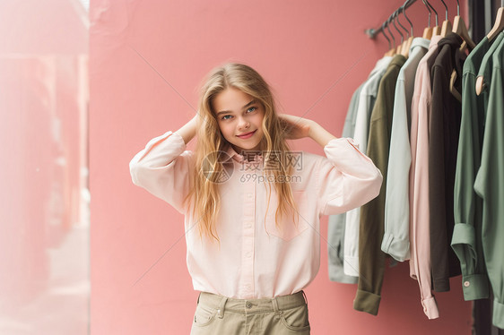 一位可爱少女在粉色墙边衣架前图片