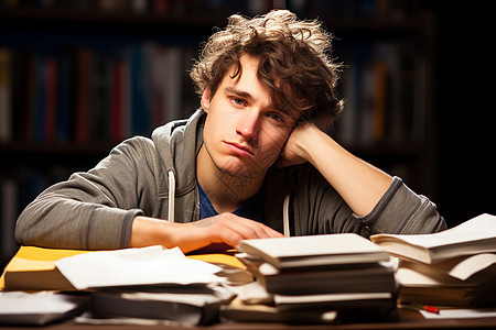 一个疲惫的男学生坐在桌前图片