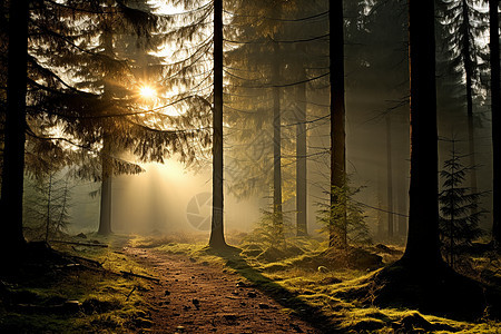 透过阳光的迷雾森林图片