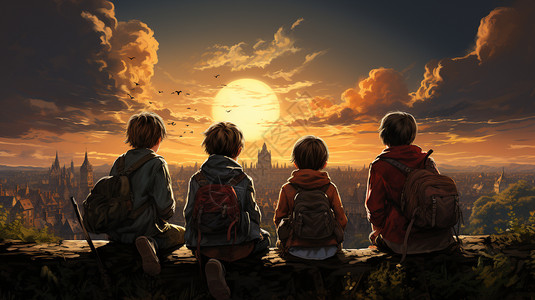四个玩伴一起看日出背景图片