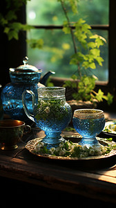 窗台植物窗台边的精美茶具背景