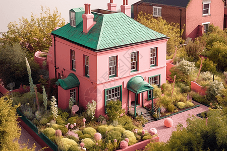 粉色房屋绿色屋顶的模型图片