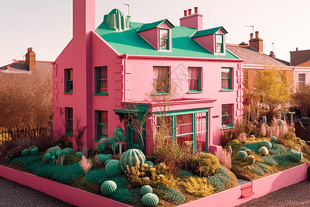 粉色房子绿色屋顶的小院图片