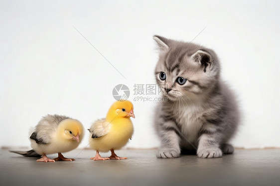 小猫和两只小鸡一同坐在地板图片