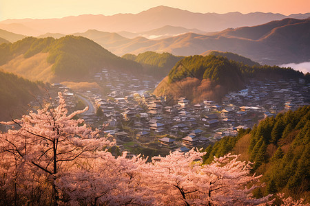 樱花山谷中的乡村图片