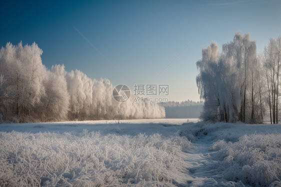 蓝天白云下的雪景小径图片