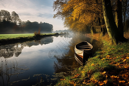 秋日宁静：一艘船静静停泊在河岸，秋叶铺满地面图片