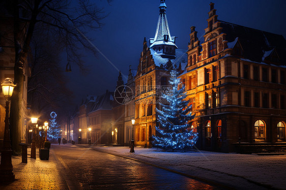 寒冬夜晚的欧洲城市图片