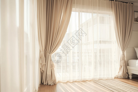 阳光下柔和的卧室窗纱背景图片