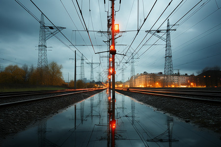 雨天铁轨旁的电线设施图片