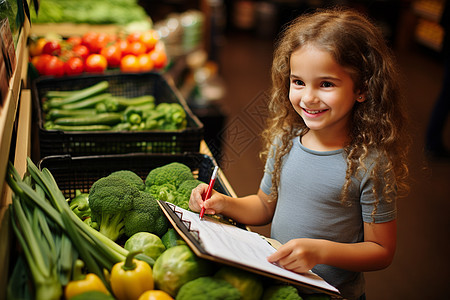 超市蔬菜区前的可爱小女孩背景图片