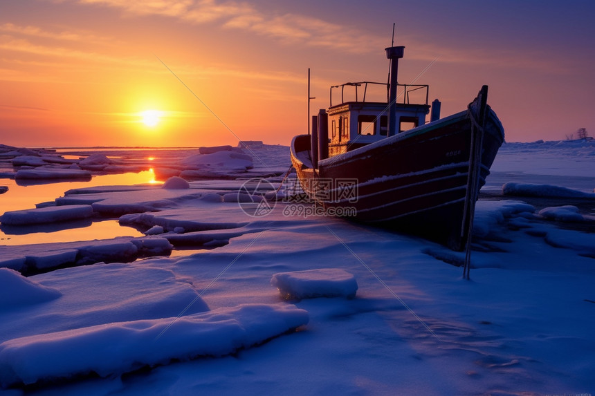 冬季海面上的渔船图片