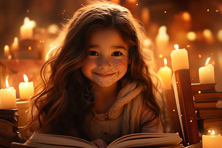女孩在蜡烛下读书图片