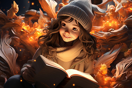 女孩沉浸在书中世界里高清图片