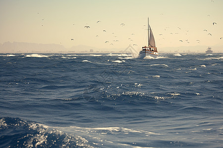 海洋中有一艘帆船图片
