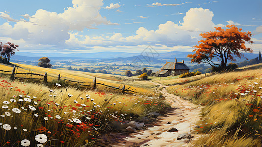 秋天的田野美式乡村油画高清图片