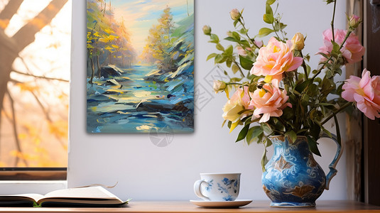花瓶装饰房间里的油画背景