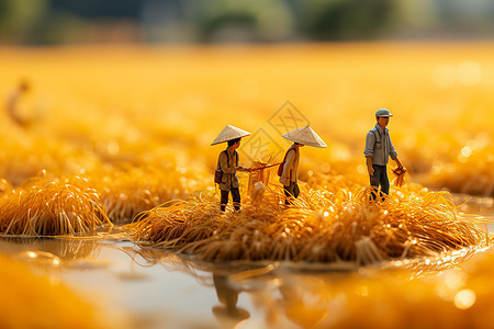 金黄的稻田中的微缩人物图片
