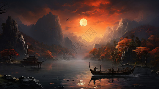 日落河流里的小船图片