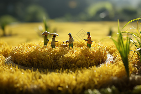 金黄稻田上的农民图片