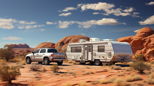 沙漠里行驶的房车图片