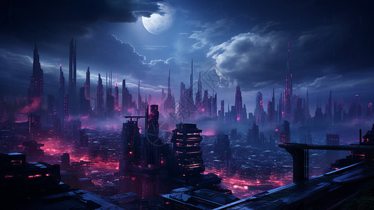 月光下的赛博朋克城市背景图片