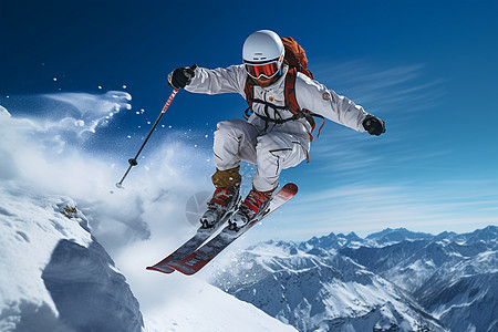 雪地飞行的滑雪者图片