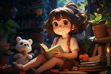 教育3d在森林中看书的女孩插画