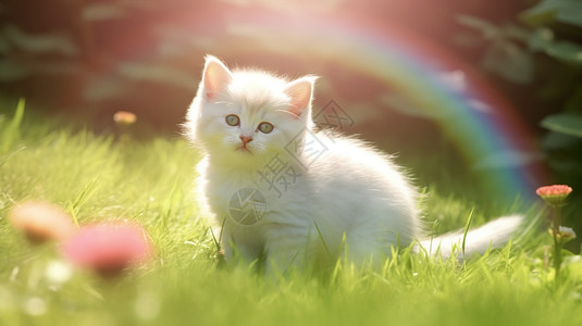 草坪上的白色小猫图片