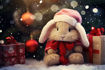 戴围巾的兔子戴着圣诞帽的兔子背景