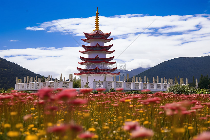 花海中的宝塔图片