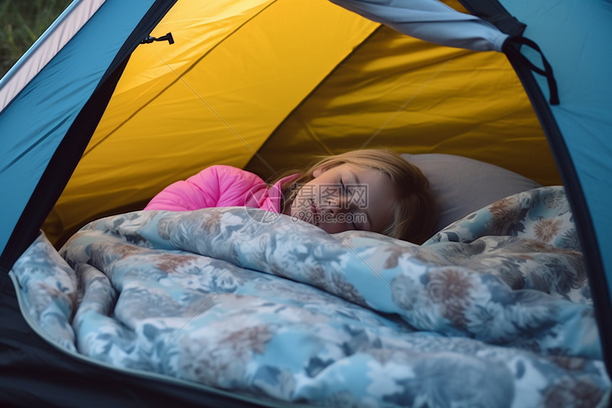 女孩躺在帐篷里图片