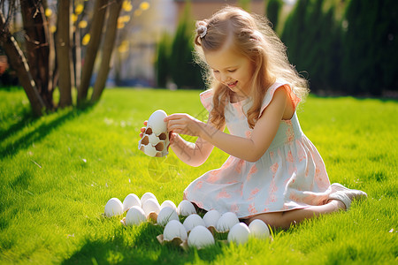女孩草坪上玩彩蛋图片