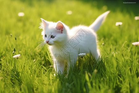 白色小猫穿过雏菊草地图片