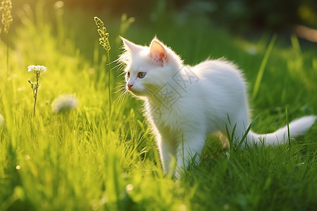 可爱花草花草间的白色小猫背景