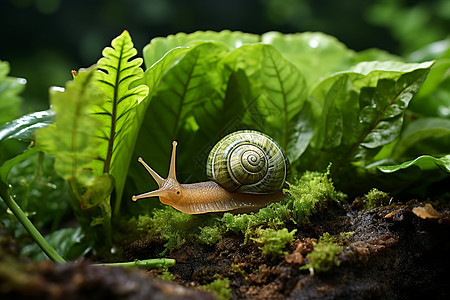 蜗牛在翠绿植物中蜷缩图片
