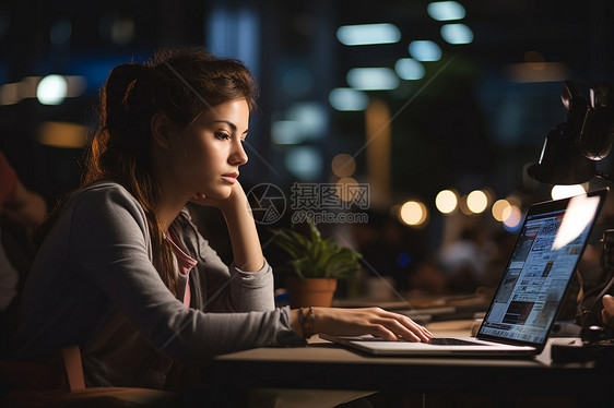 商务女性在夜晚办公图片